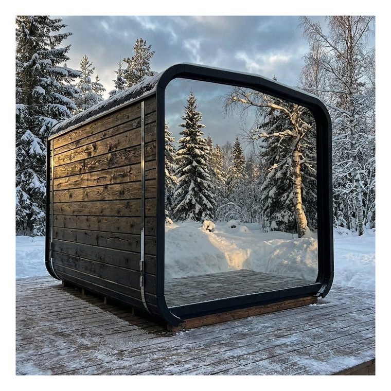Smokin' Cube med panoramarute som speiler snøkledd skog