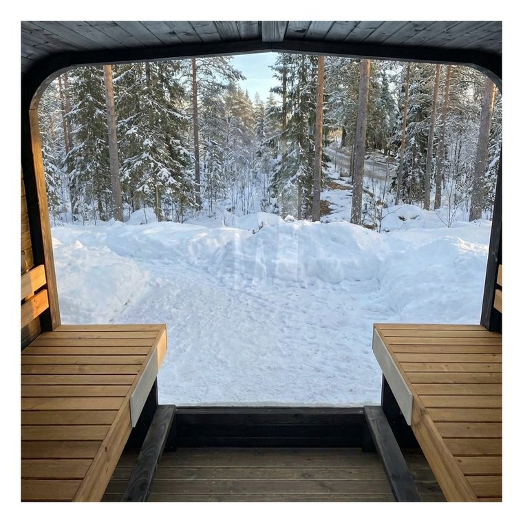 Utsikt ut panoramaruta mot snødekt skog fra benken inne