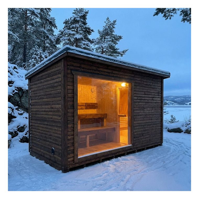 Smokin' Hut med varmt lys innenfra i blåtimen, snø rundt